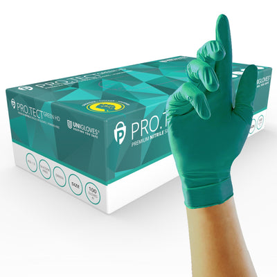 Unigloves PRO.TECT Green HD Nitrile Disposable Gloves - Pack of 100 - Work Safety Protective Gear - ELKO Direct