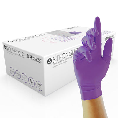 Unigloves Stronghold – Heavy Duty Purple Nitrile Chemical Resistant ASTM D6978 Chemo Gloves - Pack of 100 - Work Safety Protective Gear - ELKO Direct